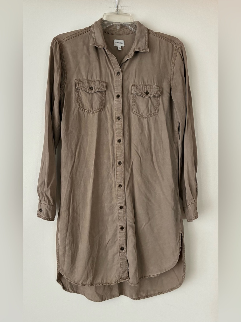 Sneak Peek Shirt Dress, Sz. S, Tan, Long Sleeve w/ Option To Roll Up, Tencel